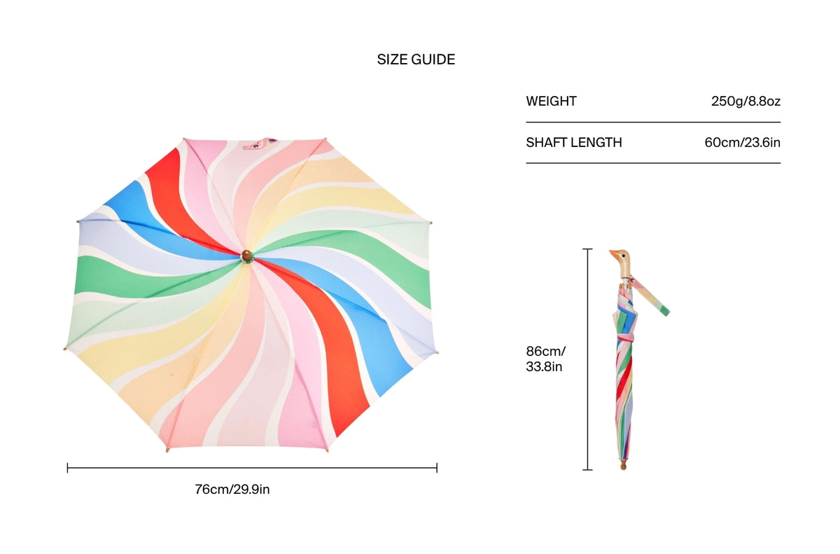 Size chart for Original Duckhead x Meri Meri Rainbow Stripes Duckling Kids Umbrella
