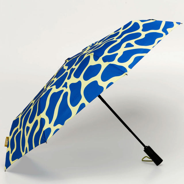 Blue and yellow patterned umbrella on a white background