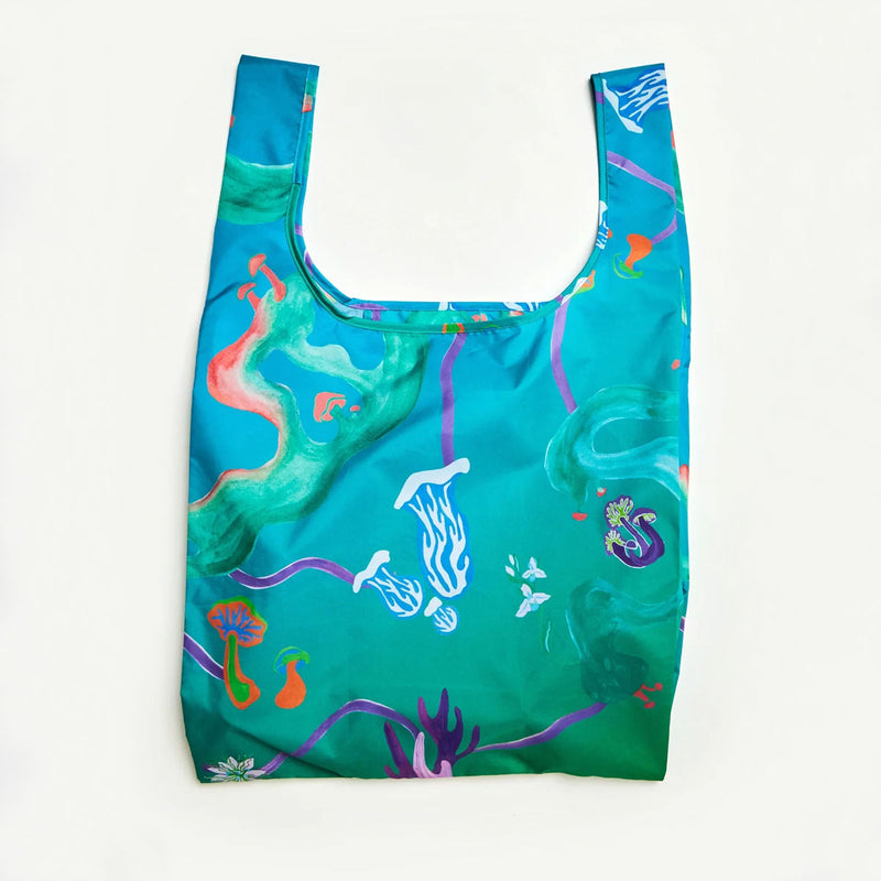 Reusable shopping bag with colorful designs on a white background