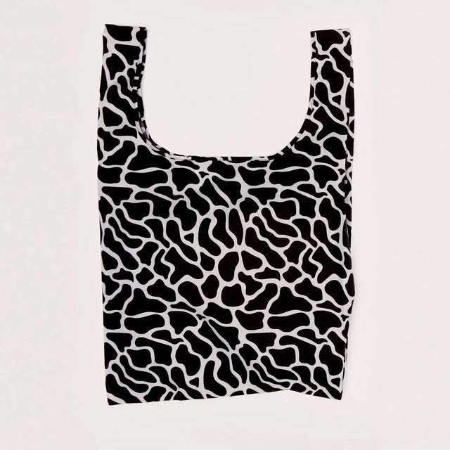 Reusable bag with black abstract pattern on a white background