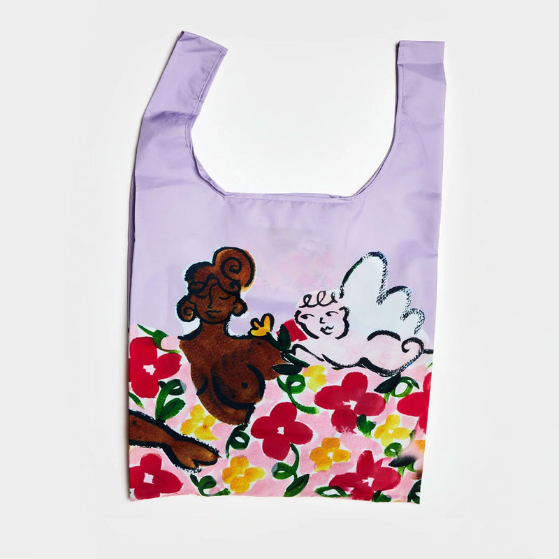 Reusable bag with characters and flowers on a light purple background