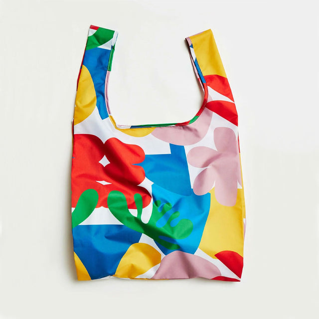 Colorful reusable bag with abstract design on a white background