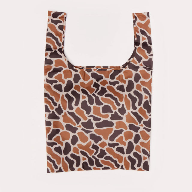 Reusable bag with brown and taupe abstract pattern on a light background